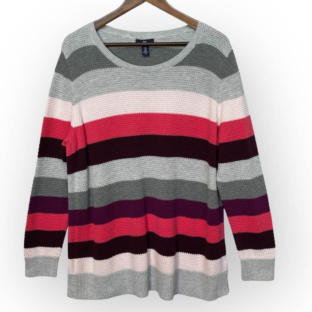 Gap Womens XXL MultiColor Striped Waffle Knit Pullover Sweater Heather Grey Pink